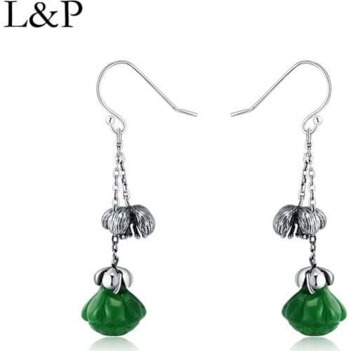 Vintage Elegant Jade Lotus Tassels Earrings Real 925 Sterling Silver Earrings For Women Original Handmade Earrings Fine Jewelry