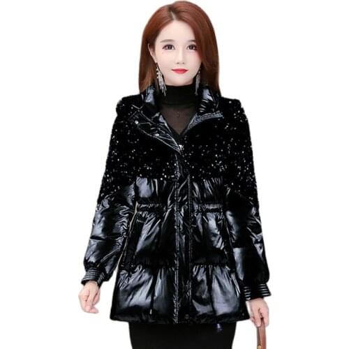 High-End Bright Face Down Padded Jacket Women 2021 New Hooded Winter Jackets Black Glossy No-Wash Womens Cotton Coat Parkas
