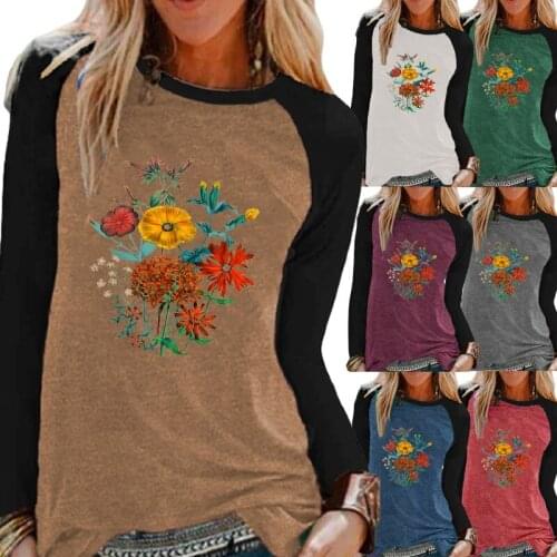 Womens Autumn Fashion Flowers Printing Comfortable Sweatshirt Casual Round Neck Raglan Sleeves Loose Plus Size T-shirt Tops