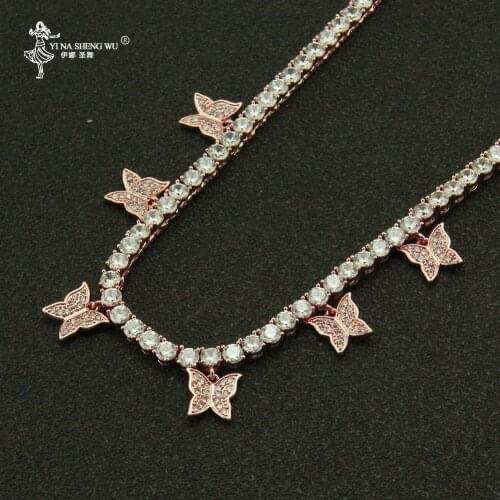 Hip Hop Gold Plated Iced Out Bling Women Charm Jewelry Geometry Heart Arrow CZ Tennis Chain With CZ Butterfly Choker Necklaces