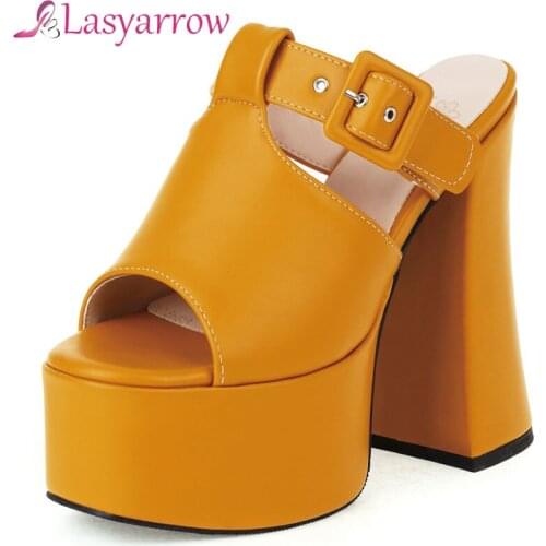 Lasyarrow Sandals Women Summer Platform Slippers 2021 Pu Leather Peep Toe Belt Buckle Exetrme High Heels 15cm Club Shoes Woman