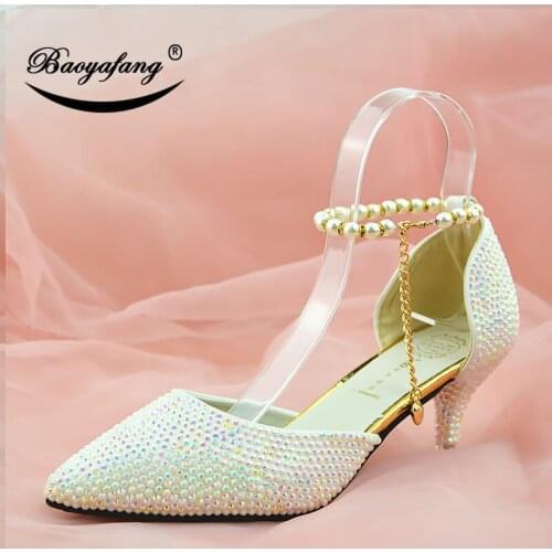 2019 New arrival Pointed toe Womens wedding shoes 6cm woman crystal party dress shoes White AB Drill Crystal Shoes