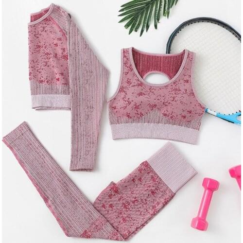 3Pcs Yoga Clothing Women Suit Long Sleeve Shirts and Padded Bra and High Waist Running Pants Sport Suit Gym Set Fitness Leggings