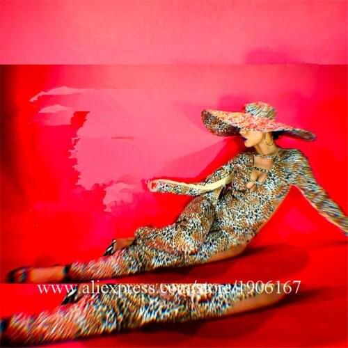 Nightclub GOGO Womens Sexy Leopard Print Ballroom Costume Sexy Lady Party Stage Performance Dance Suit With Hat Halloween Cloth
