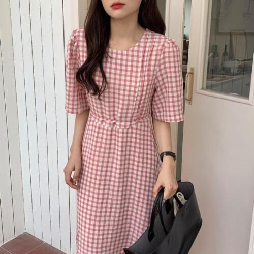 2021 New Women Summer Vintage Long Plaid Dress Sashes Half Sleeve Slim Waist A-line Pullover Maxi Sundress