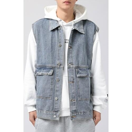 Autumn Men Denim Black Blue Vest Sleeveless Jackets Coats With Pockets Fashion Loose Street Waistcoat Tops Clothing 50-90KG