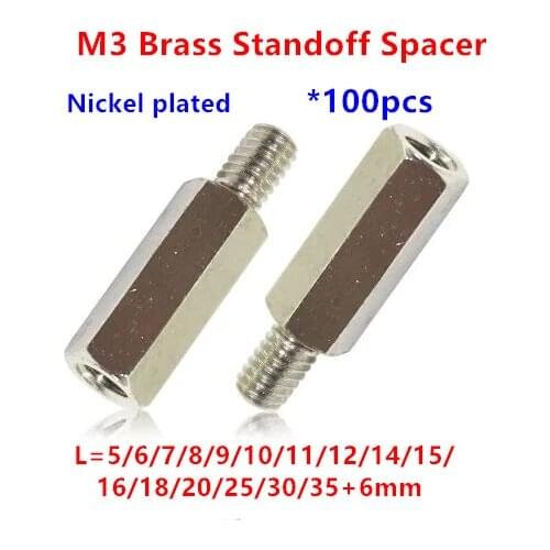 100pcs Thread M3 Hex Brass standoff spacers Male to female Nickel plated PCB Spacing screws Hex Nuts M3*5/6/8/10/12/15/18/20+6mm