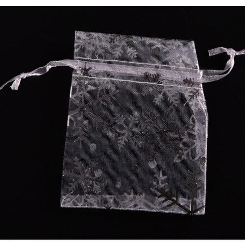 100 PCS 7*9cm Drawstring Bags White With Silver Snowflake Christmas Gift Pouches Organza Bags
