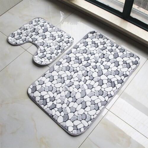 2pcs/Set Bath Mat Coral Velvet Pebbles Toilet Carpet Non-Slip Rugs Shower Room Floor Mats Bathroom U-Shape Rectangle Doormat