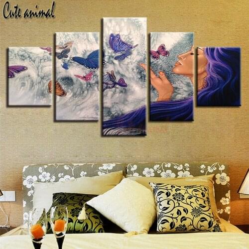 Diamond Painting 5 Panel Beautiful Girl And Butterfly Cross Stitch 5d Diy Diamond Embroidery Mosaic Picture Of Rhinestones Art