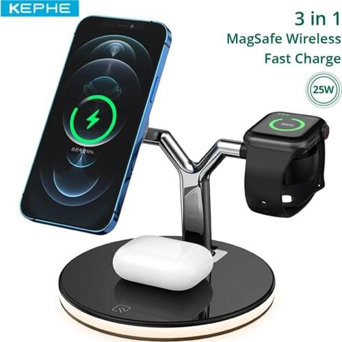 KEPHE 15W 3 In 1 Wireless Charger for iPhone 12S/12Pro iWatch Airpods Pro Magnetic Fast Charging Station Dock Stand Touch Light