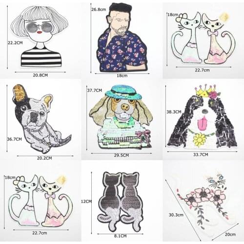 Sequins Cat Dog Cartoon Patches Cap Shoe Iron On Embroidered Girl Appliques DIY Apparel Accessories Patch Clothing Fabric Badges