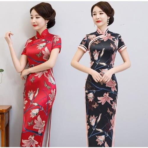 Elegant Orientale Women Handmade Button Satin Long Qipao Chinese Mandarin Collar Prined Short Sleeve Cheongsam Oversize 5XL