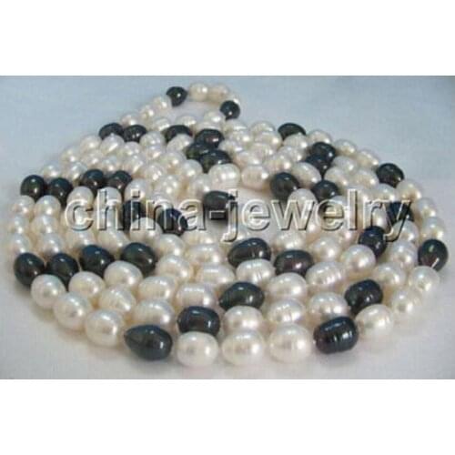 Long 9-10mm natural white black rice shape freshwater pearl necklace