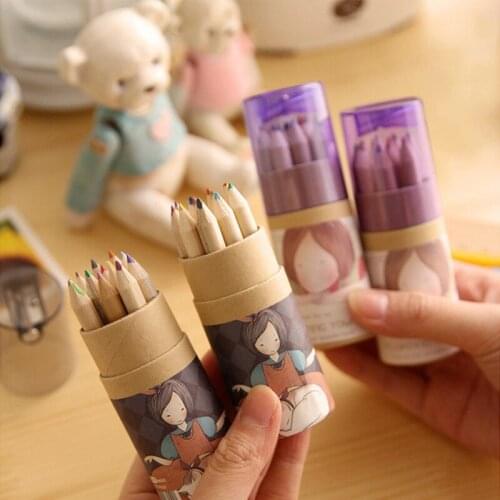 12pcs Korean Version of Colored Pencils In Barrels with Pencil Sharpener Cute Planktonic Girl Mini Pencil Drawing Children