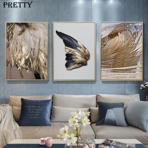 Golden Feather Canvas Painting Abstract Art Luxury Wave Wing Posters and Prints Nordic Wall Art Pictures for Home Decoration