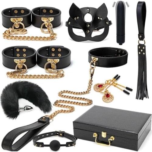 KISSCAM Slave Bed Bondage Kits Erotic Restraint BDSM Set Leather Handcuffs Collar Gag Vibrators Adult Sex Toys For Women Couples