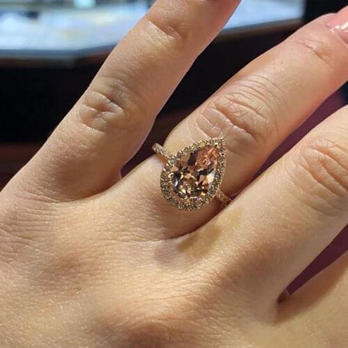 Rose Gold Inlaid Pink Crystal Drop Pear Shaped Engagement Banquet Ring Women Promise Rings For Women White Gold Ring