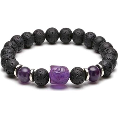 Amethysts Crystal Engraved Buddha Connect Black Lava Stone Round Beads Elastic Bracelet Handmade Weave Religious Jewelry