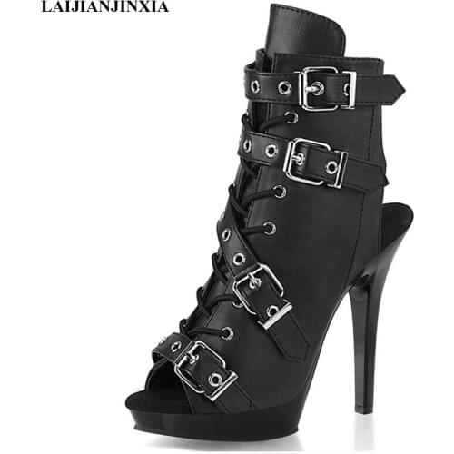 LAIJIANJINXIA New Sexy Ankle Women Boots 13 CM Super High Stripper Heeled Round Toe Platform Nightclub Pole Dancing Shoes