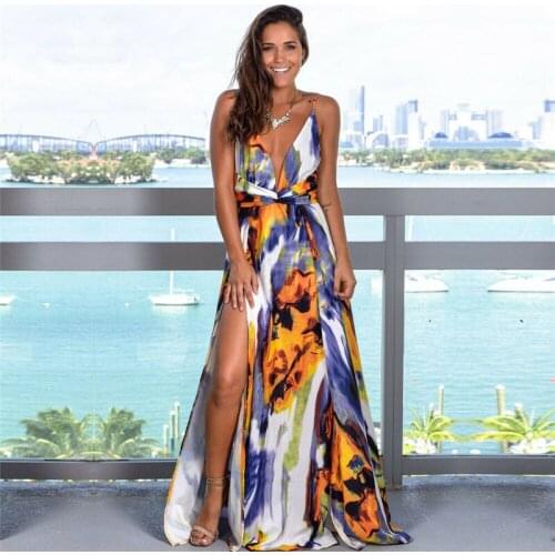 Summer Womens Sling Floral Long Dresses Boho V-Neck Sleeveless Party Beach Floarl Print Maxi Dress Casual Sundress
