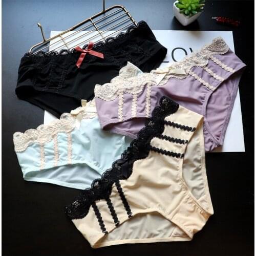 Cute Bow Embroidery Lace Womens Underwear Sexy Low-Waist Transparent Ice Silk Panties Hips Breathable Seamless G-String Briefs