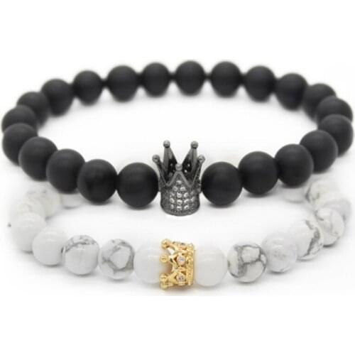 Fashion 2pcs/set Couple Bracelets Lovers Jewellery Crown Queen Charm Natural Stone Beads Bracelet For Women and Men Best Gift