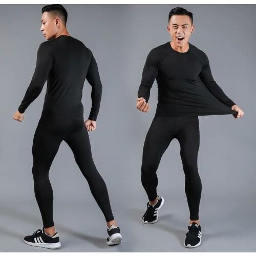 Mens Sports Running Compression Set T-Shirt + Pants Breathable Skin Care Long Sleeve Fitness Training Sportswear Yoga Wear