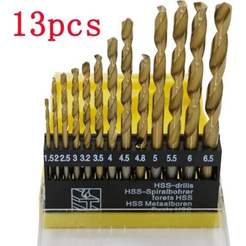 13pcs HSS Twist drill bit set Round Shank Titanium Coated Metal drills Hole Saw Cutter Tool 1.5-6.5mm Wood woodworking tools