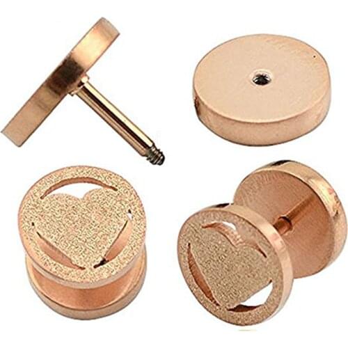 Charming Piercing Jewelry Cutting Heart Shaped Cheater Ear Plugs And Tunnels Barbell Earrings Rose Gold Stainless Steel Ear Stud