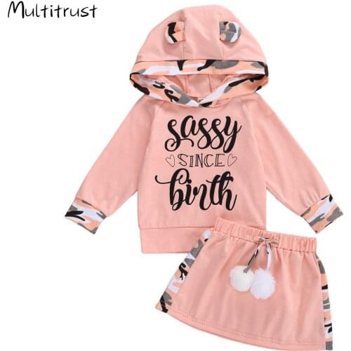 Toddler Girl Clothes Autumn Clothing Camouflage Long-Sleeves Letters Print Hoodie + Elastic Waist Short Skirt 0-3 Years