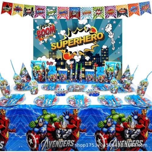 Super Hero Party Supplies Decorations Kids Birthday Disposable Tableware Tablecloth Cups Superhero Party Theme Favors Boy Set