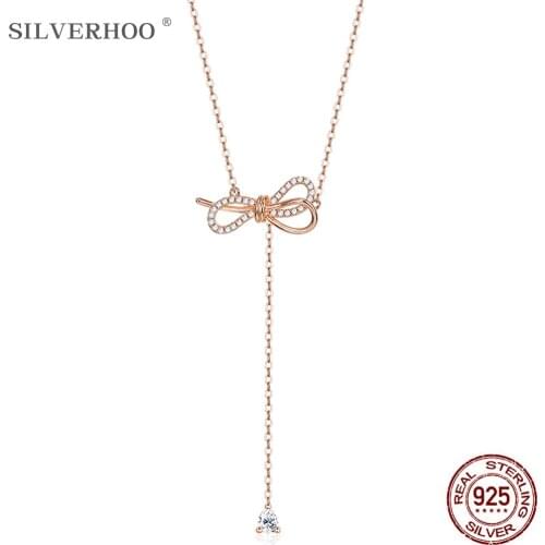 SILVERHOO Necklaces For Women Zircon 925 Sterling Silver Bow Knot Lucky Girl Jewelry Wedding Anniversary Gift Hot Sale 2021