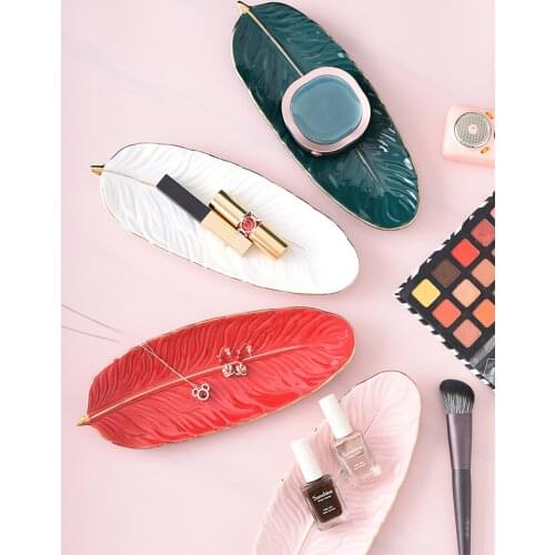 Leaf Ceramic Gold Inlay Cosmetics Jewelry Storage Tray Cake Candy Dessert Plate Key Watch Place Feather Plates Decorative Plate