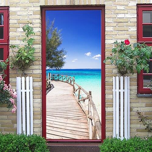 PVC Self-adhesive 3D Door Sticker Mural Wooden Bridge Beach Photo Wallpaper Poster Living Room DIY Door Decor Decal Wall Sticker