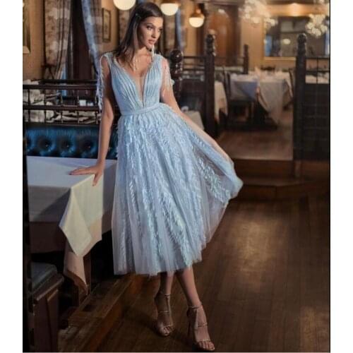 Light Blue V Neck Evening Dress A-Line Tea-Length Backless Tassel Lace Appliques Party Prom Gown 2021 Sequined