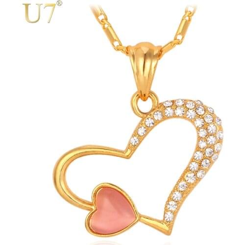 U7 Pink Heart Pendant Gift For Love Women Romantic Gold Color Rhinestone & Opal Jewelry Heart Pendant Necklace P443