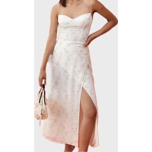 Vintage France Floral Print Cream Adjust Lacing up Spaghetti Strap Midi Dress Sexy Women Elastic Back Hem Split Sling Dresses