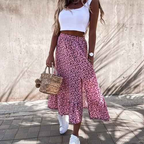 Summer New Design Vintage Floral Ruffle Long Skirts Women Elegant Split A-Line Sweet Skirts Lady Casual Elastic Waist Skirts