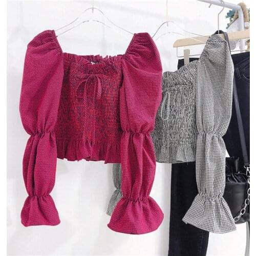 2020 Spring and Autumn French Temperament Square Collar Bubble Sleeve Plaid Shirt Female Slim Lolita Word Shoulder Shirt Women