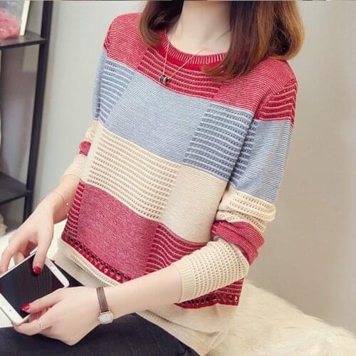 O-neck Colorblock Plaid Sweaters Women Spring/Summer Full Sleeve Loose Hollowed Pullovers Korean Female Jumpers Sweater Tops 126