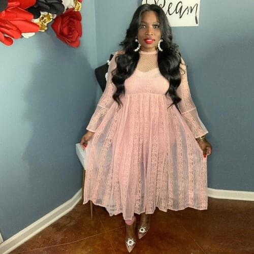 Solid Lace Patchwork Sweet Fit and Flare Dress Woman Full Sleeve High Waist A-line Vestidos Spring Autumn Perspective Long Robe