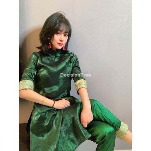 2021 cheongsam traditional chinese dress qipao top+pants set ladies evening dresses vintage cheongsam women bride cheongsam