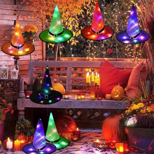 1pcs Halloween Witch Hat with LED Light Glowing Witches Hat Hanging Halloween Decor Suspension Tree Glowing Hat for Kids