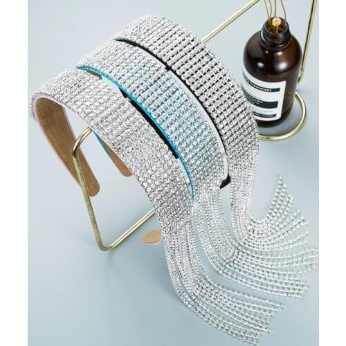 2021 Fashion Women Headband Wide Side Shining Rhinestone Hairband Tassel Sagging Individuality Headwear Adult Hair Accessories