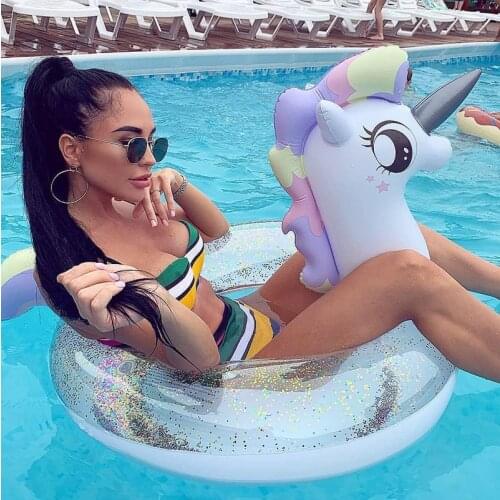 2021 Newest Giant Inflatable Rainbow Pegasus Horse Pool Float with Glitter Inside Unicorn Swimming Ring Water Floating Mattress