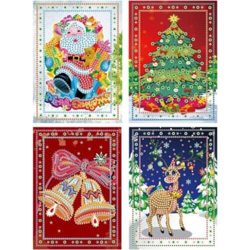 4pcs 5D DIY Diamond Painting Cartoon Paper Greeting Postcards Craft Kids Festival Greet Cards Mini Santa Claus Merry Christmas