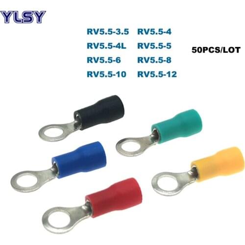 50Pcs Ring Insulated Crimp Terminals Electrical Ferrules RV5.5-3.5/4/5/6/8/10/12 Wire Cable Brass Connector 48A 12-10AWG 4-6mm²