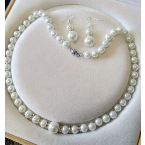 8-12 mm White Shell Pearl necklace AAA 18inch Earring Set