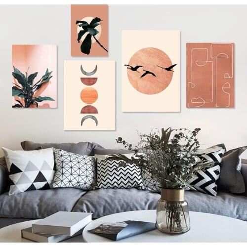 Abstract Sun Moon Plant Leaves Bird Canvas Paintings Nordic Art Wall Decor Canvas Wall Art Vintage Room Decor Posters and Prints